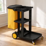 Commercial 3-Shelf Janitorial Cart with Yellow Vinyl Bag Black