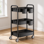 3-Tier Rolling Cart Heavy Duty Metal Utility Cart Black